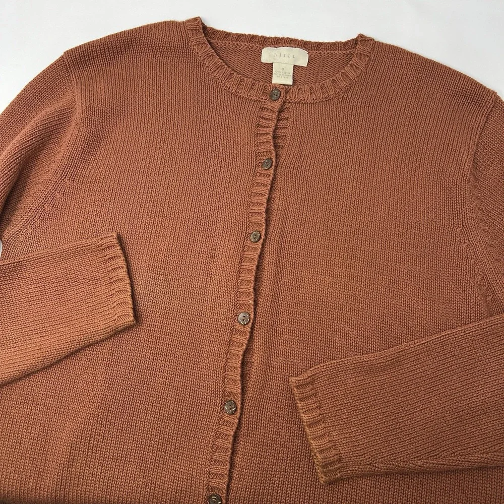 Vtg‎ J. Jill Brown Knit Button Up Sweater Drawstring Hem Cotton Sz Small *Read